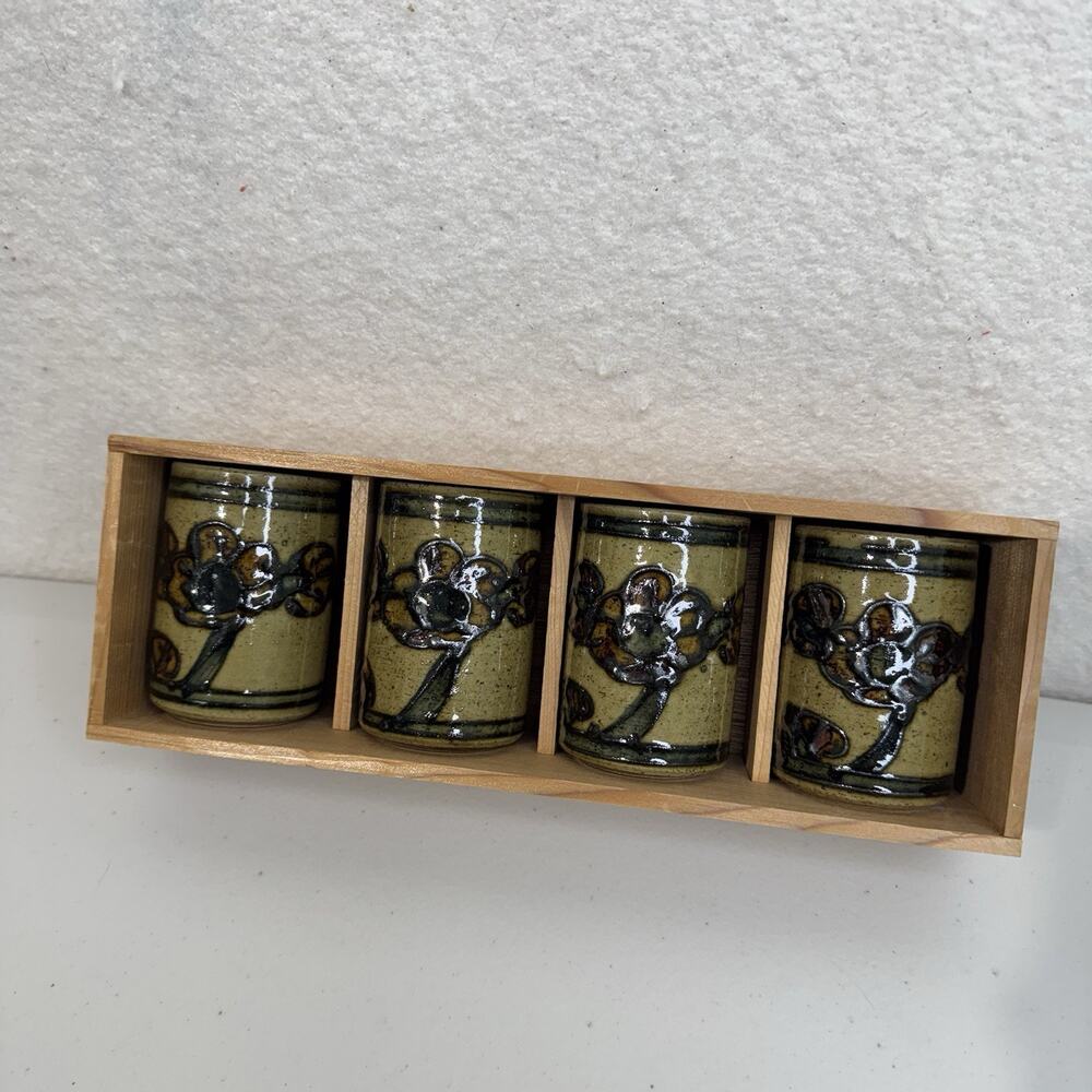 VTG Mid-Century Otagiri Japanese Stoneware Cups Raised Earthy Floral Pottery Set